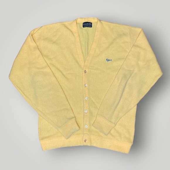 Vintage 1970s Challenger Acrylic Cardigan Sweater Yellow Turtle - Picture 1 of 5